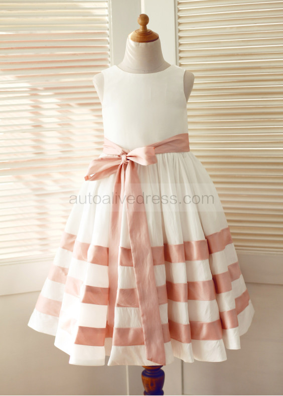 Ivory Taffeta Pink Stripes Knee Length Flower Girl Dress  